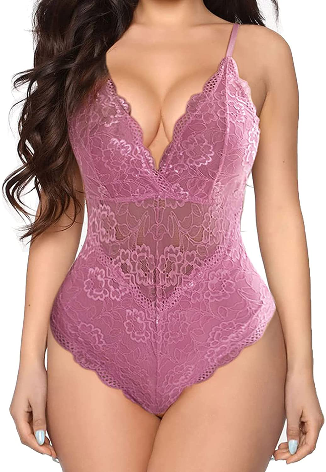 Aranmei Women Deep V Sexy Lace Bodysuit Snap Crotch Lingerie Teddy Underwear Apparel & Accessories > Clothing > Underwear & Socks > Lingerie Aranmei Blush Small