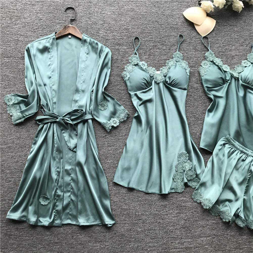 SAPJON Women'S 4Pcs Silk Satin Pajama Set Sexy Cami Top Nightgown Lace Sleepwear Robe Sets Nightdress with Chest Pads Apparel & Accessories > Clothing > Sleepwear & Loungewear Kylie Max