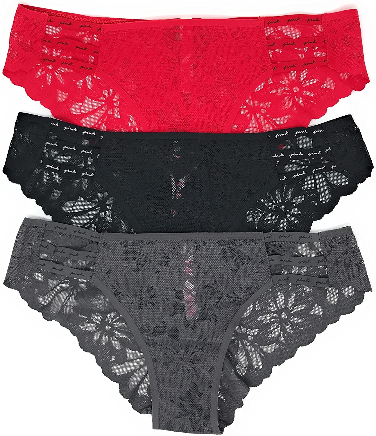Victoria'S Secret Pink Cheekster Panty Set of 3 Victoria's Secret Strappy Lace Red / Black / Smoke Large
