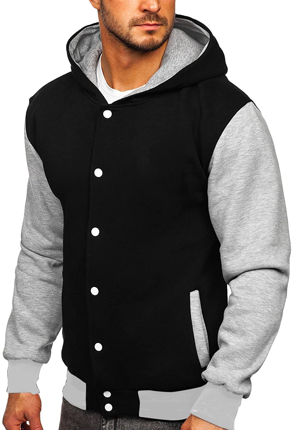 Merthy Mens Classic Varsity Baseball Jackets with Hood Casual Slim Fit Snap Buttons Cotton Uniform Bomber Jackets Coats Apparel & Accessories > Clothing > Underwear & Socks > Shapewear Merthy 01 Black Large