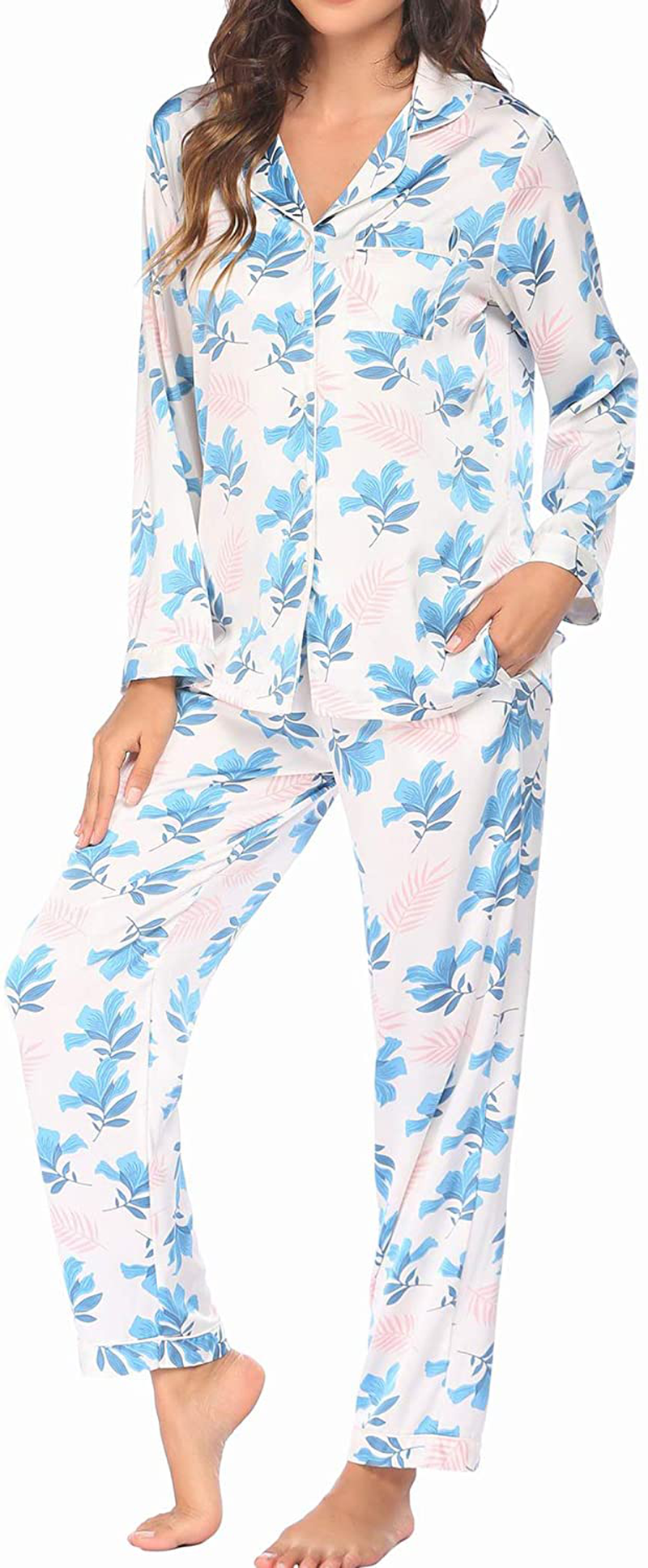 Ekouaer Satin Pajamas Women’S Long Sleeve Sleepwear Silk Soft Button down Loungewear Pjs Set S-XXL Apparel & Accessories > Clothing > Sleepwear & Loungewear > Pajamas Kylie Max