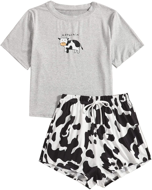 DIDK Women's Cute Cartoon Print Tee and Shorts Pajama Set Apparel & Accessories > Clothing > Sleepwear & Loungewear > Pajamas DIDK Multicolor Cow Small