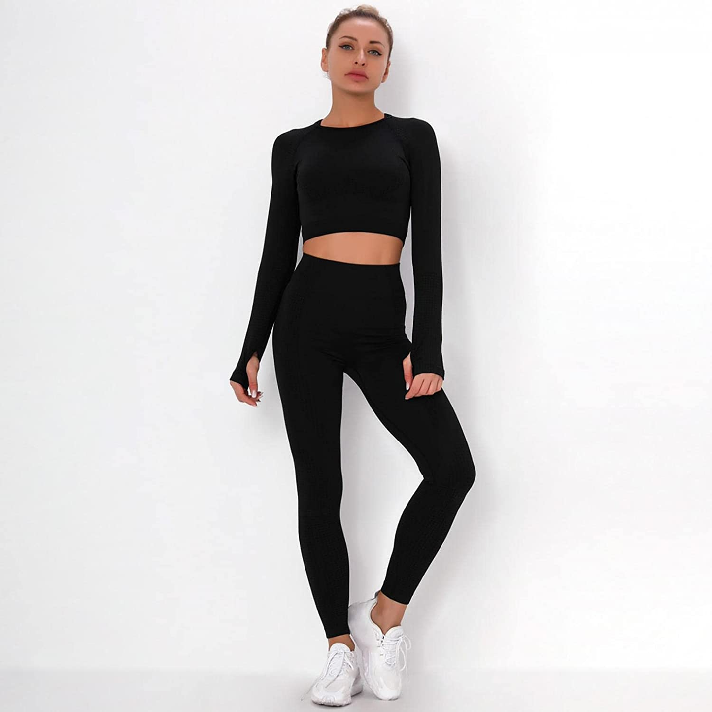 Burband Workout Lounge Sets for Women 2 Piece Outfits Solid Long Sleeve Crop Tops and Ribbed Seamless Leggings Gym Yoga Sets Apparel & Accessories > Clothing > Underwear & Socks > Shapewear Burband