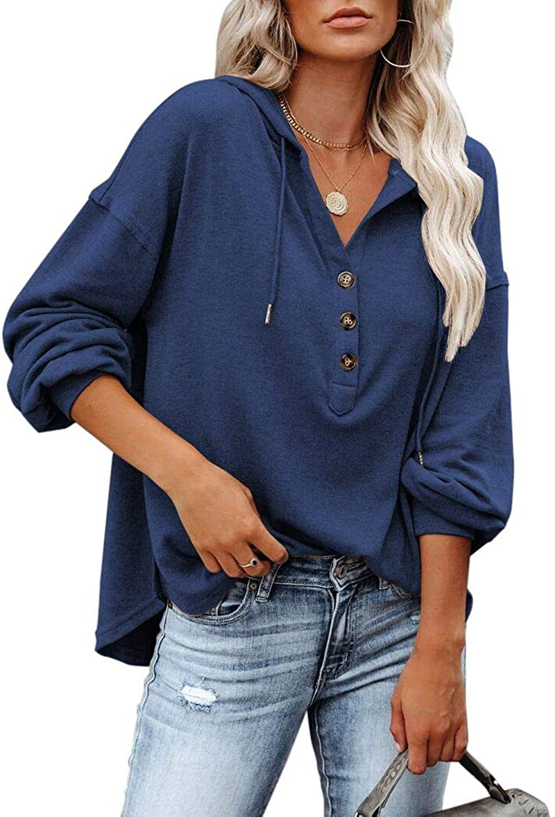 REVETRO Womens V Neck Long Sleeve Henley Shirts Button down Sweatshirts Hoodies Tunic Tops with Drawstring Apparel & Accessories > Clothing > Activewear Kylie Max