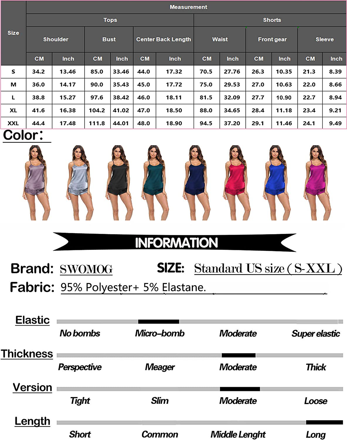 SWOMOG Women'S Satin Pajama Cami Set Sexy Lingerie Silky Sleepwear Nightwear 2 Piece Pj Short Sets Apparel & Accessories > Clothing > Sleepwear & Loungewear Kylie Max