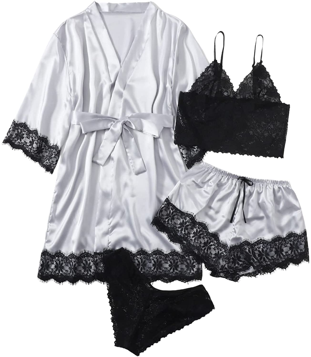 WDIRARA Women'S 4 Pieces Satin Floral Lace Cami Top Lingerie Pajama Set with Robe Apparel & Accessories > Clothing > Underwear & Socks > Lingerie WDIRARA Silver Black Small
