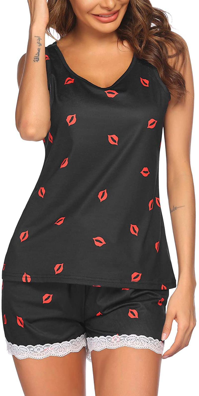 Ekouaer Womens Pajama Set Sleeveless Tank Top and Shorts Pj Set Lace Hem Sleepwear S-XXL Apparel & Accessories > Clothing > Sleepwear & Loungewear > Pajamas Ekouaer Lip Medium