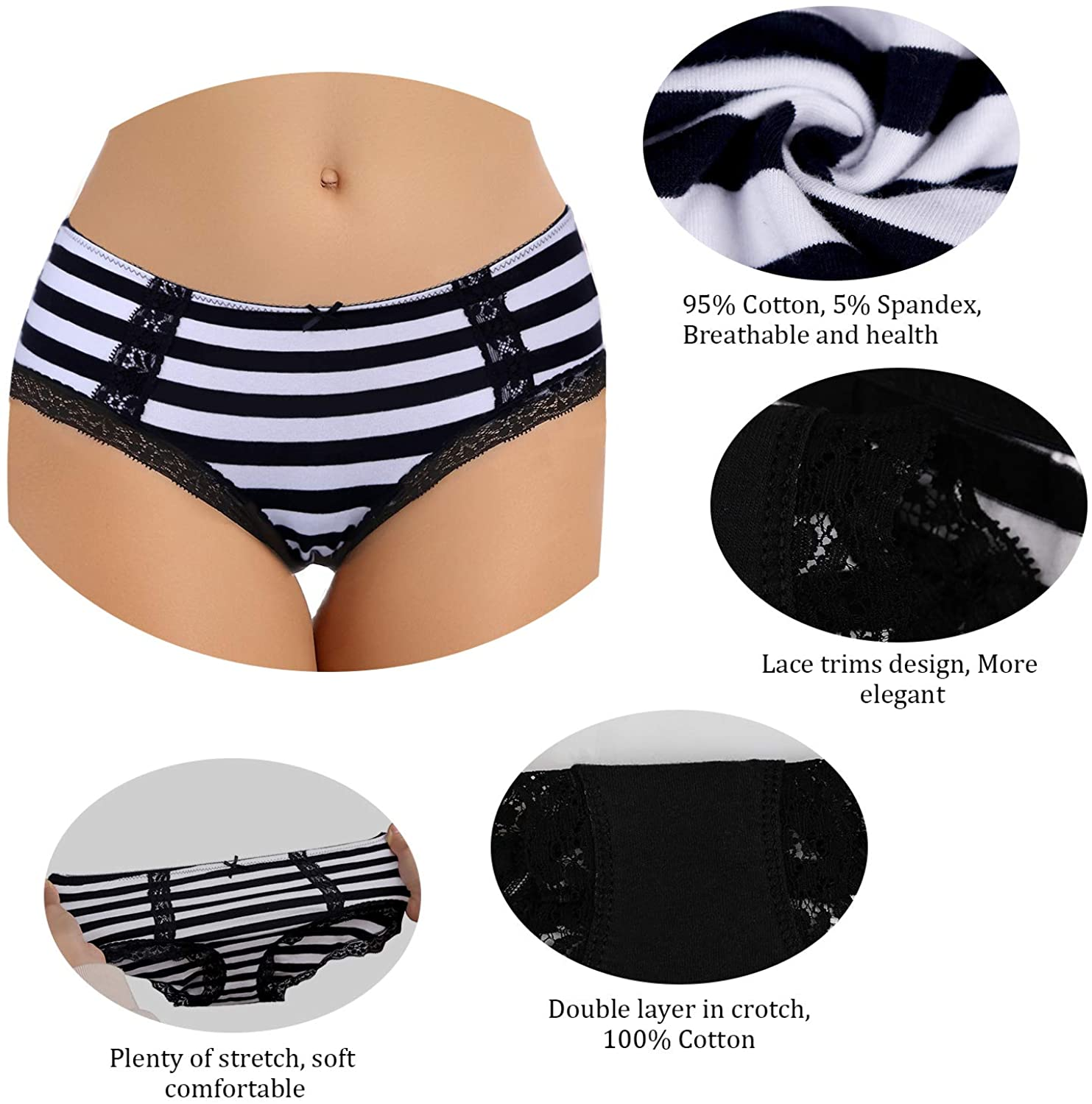 VEENXTHA Womens Underwear Panties Cotton Brief Lace Breathable Stretch Medium Waist Pack of 5 Apparel & Accessories > Clothing > Underwear & Socks > Underwear VEENXTHA