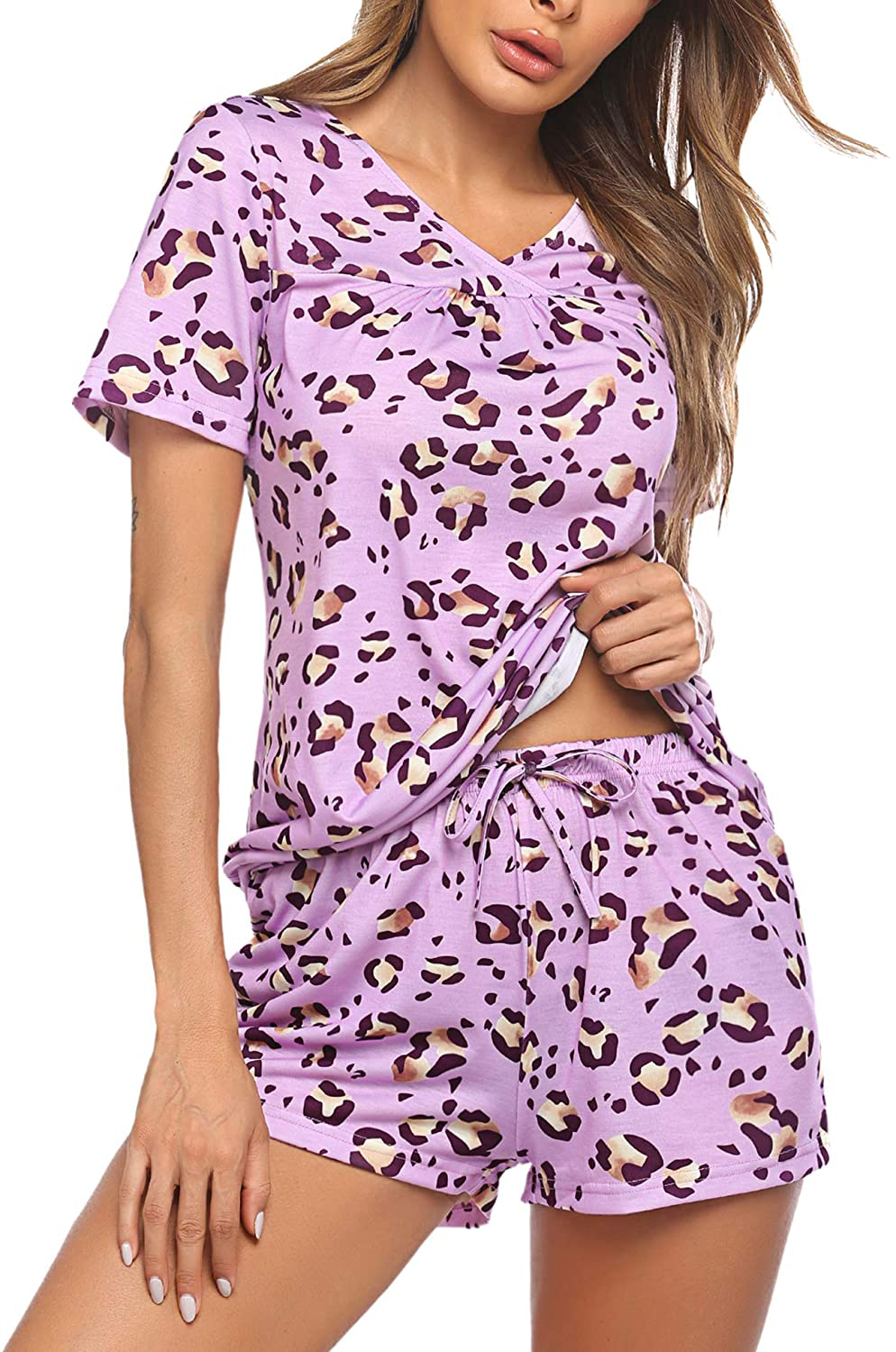 Avidlove Women's Shorts Pajama Set Short Sleeve Sleepwear Nightwear Pjs S-XXL Apparel & Accessories > Clothing > Sleepwear & Loungewear > Pajamas Avidlove Leopard Spots-purple X-Large