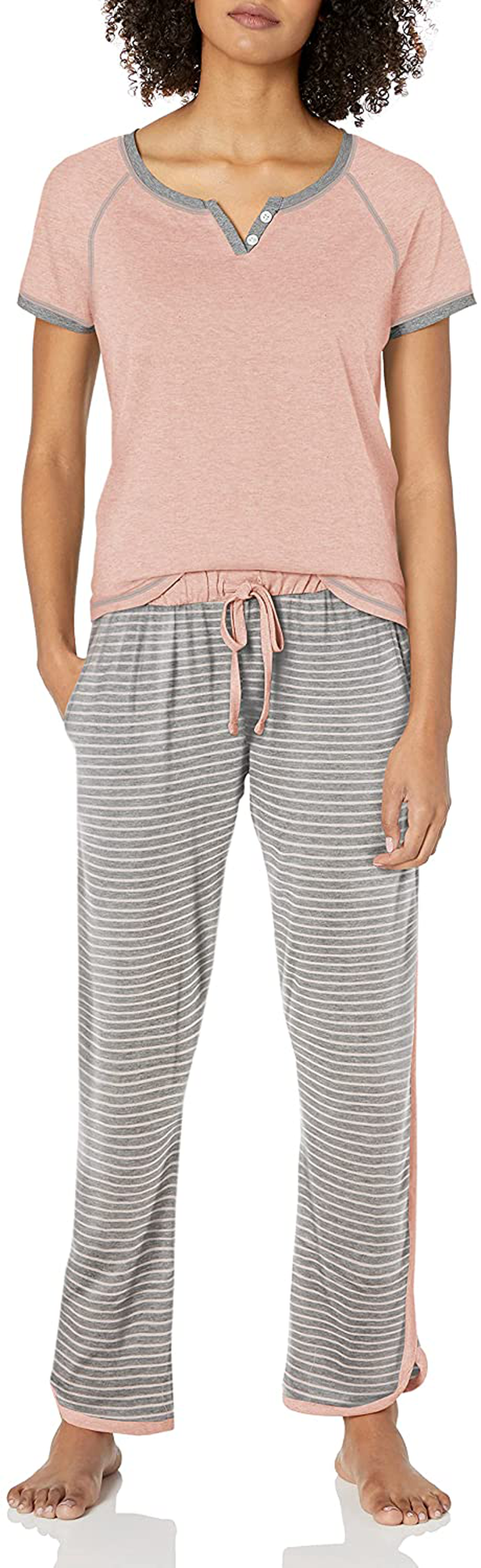 Tommy Hilfiger Women's Short Sleeve Tshirt and Logo Pant Lounge Bottom Pajama Set Pj Apparel & Accessories > Clothing > Sleepwear & Loungewear > Pajamas Tommy Hilfiger Pink Stripe Heather Grey Large