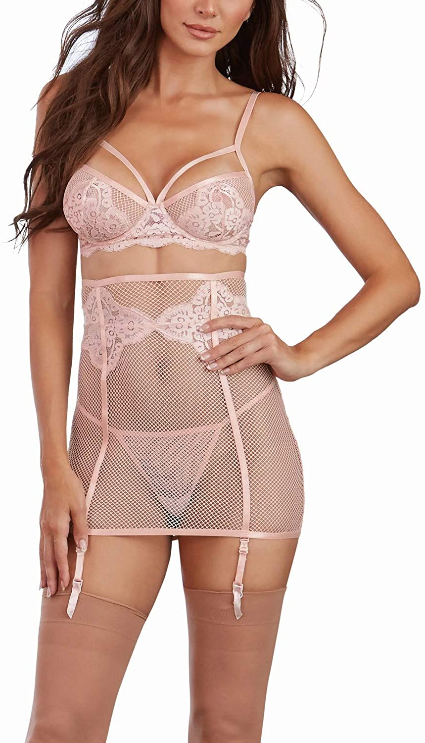 Dreamgirl Womens 3 Piece Set: Fishnet and Lace Bra, Garter Skirt and G-String Apparel & Accessories > Clothing > Underwear & Socks > Lingerie Dreamgirl