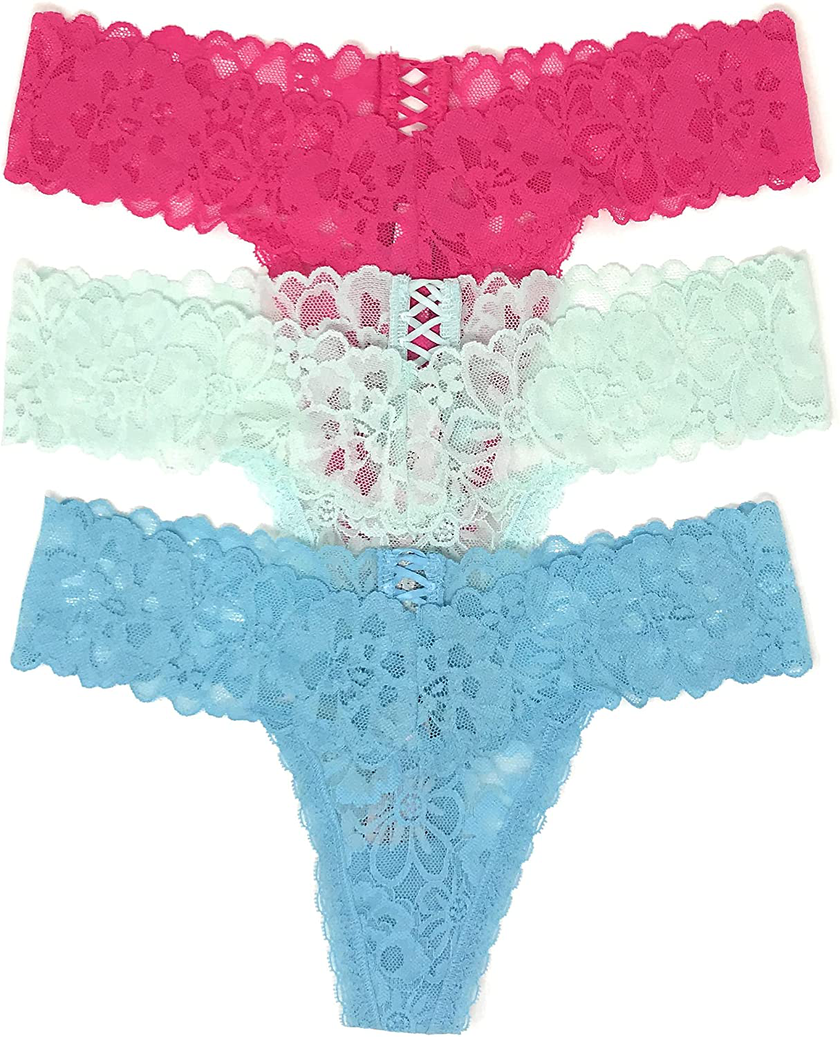 Victoria's Secret The Lacie Thong Panty Set of 3 Apparel & Accessories > Clothing > Underwear & Socks > Underwear Victoria's Secret Hot Pink Cross / Lt Aqua Cross / Sky Cross Small