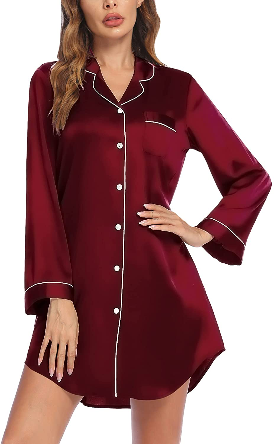 Ekouear Sleep Shirt for Women Boyfriend Long Sleeve Nightgown Nightshirt Button down Pajama Top S-XXL Apparel & Accessories > Clothing > Sleepwear & Loungewear > Nightgowns Kylie Max