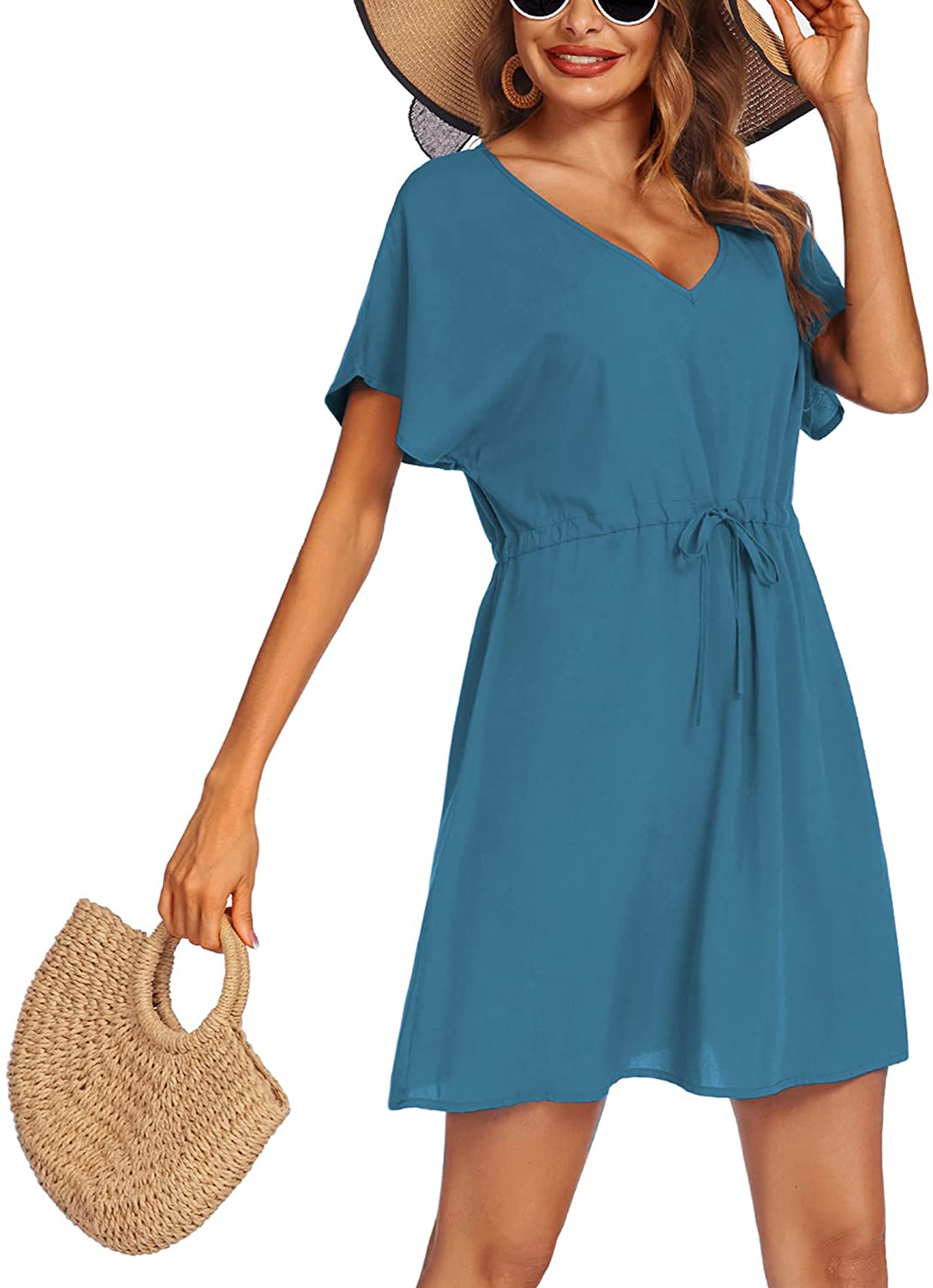 Ekouaer Women'S Cover up Short Sleeve Beachwear Coverups Loose V-Neck Bikini Beach Tunic Top Apparel & Accessories > Clothing > Swimwear Kylie Max