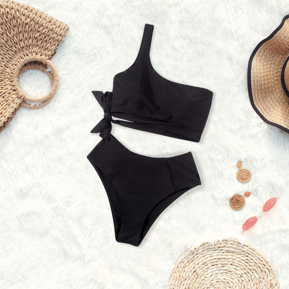 MOOSLOVER Women One Shoulder High Waisted Bikini Tie High Cut Two Piece Swimsuits Apparel & Accessories > Clothing > Swimwear MOOSLOVER