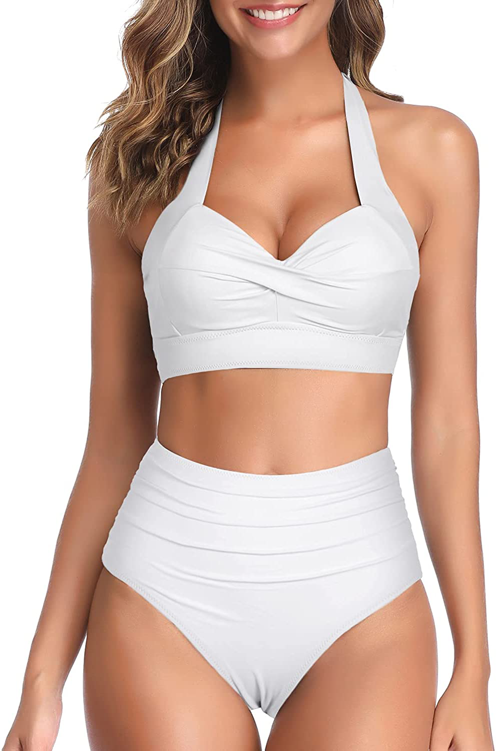 Tempt Me Women Vintage Swimsuit Two Piece Retro Halter Ruched High Waist Bikini Apparel & Accessories > Clothing > Swimwear KYLIE MAX Pure White Large