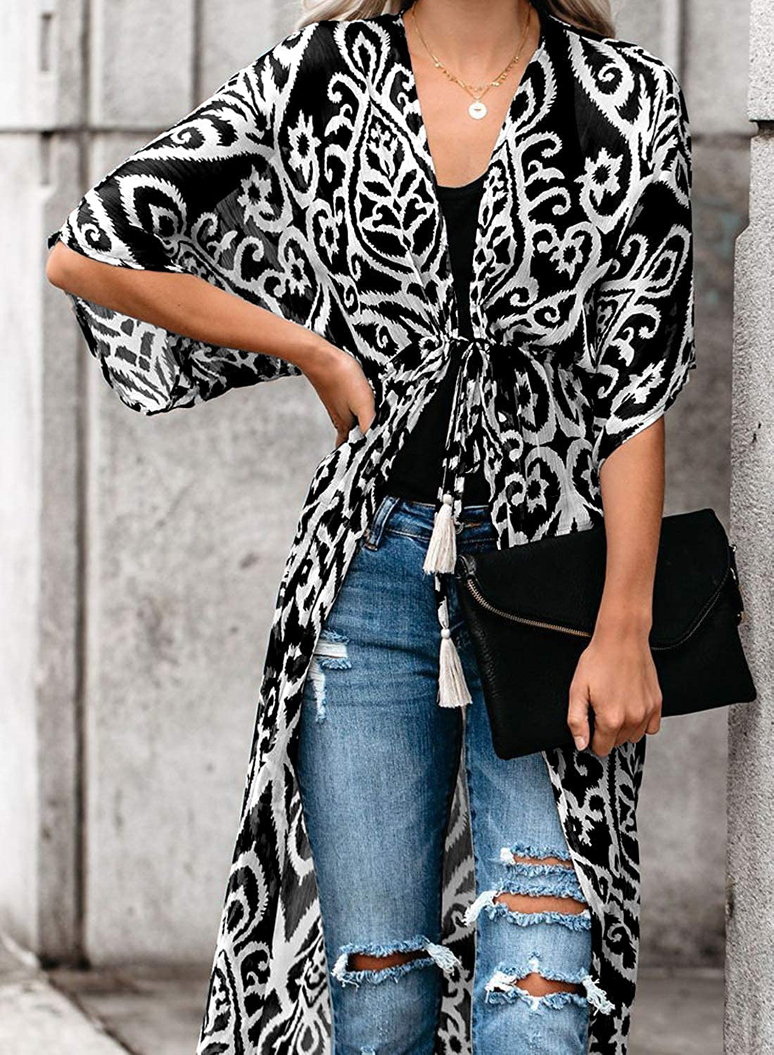 Dokotoo Womens 2022 Fashion Print Kimono Tassel Casual Cardigan Loose Cover Up Apparel & Accessories > Clothing > Swimwear Kylie Max