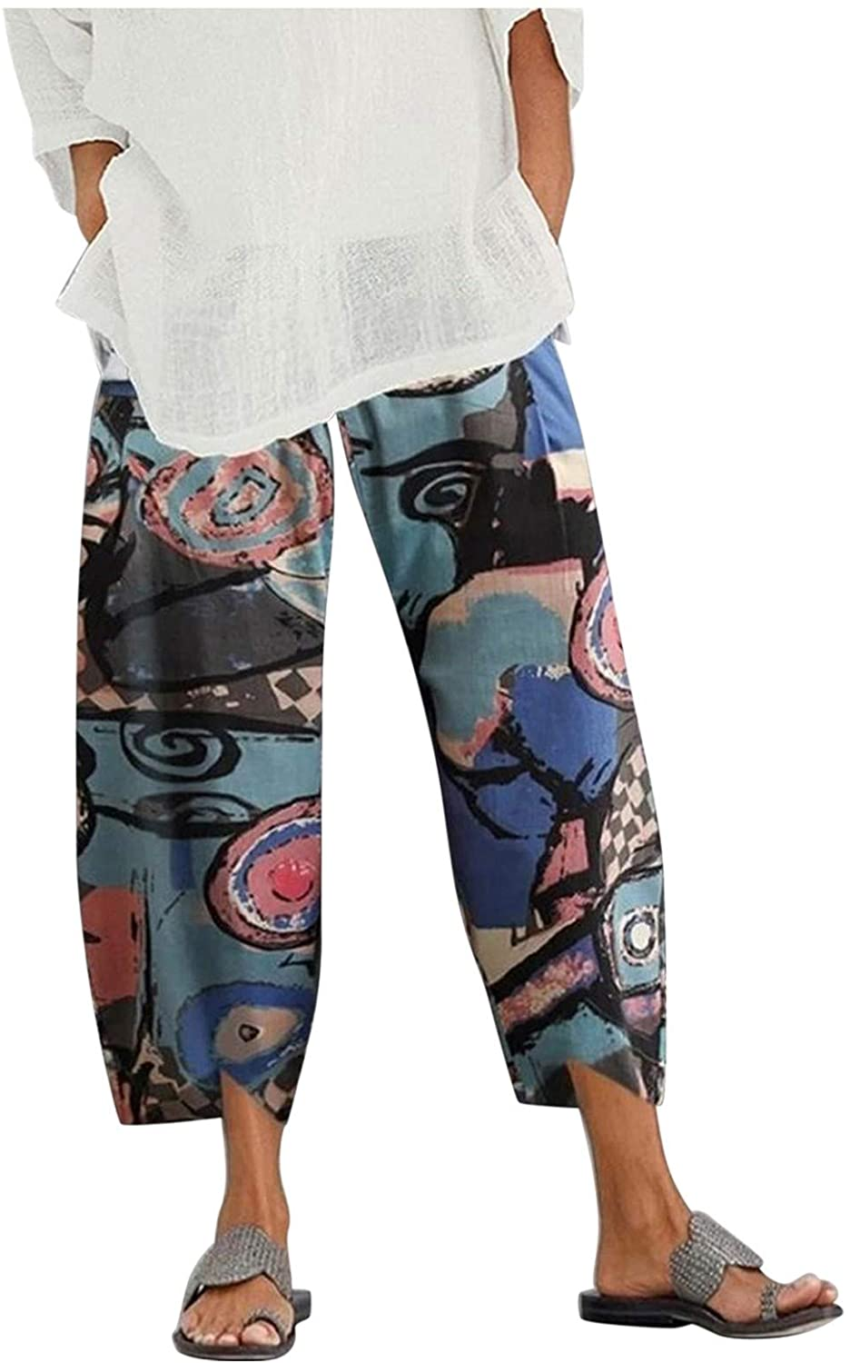 Burband Womens Thai Pants Bohemian Yoga High Waist Harem Pants Flowy Floral Print Wide Leg Palazzo Lounge Trousers Apparel & Accessories > Clothing > Underwear & Socks > Shapewear Burband Blue Large