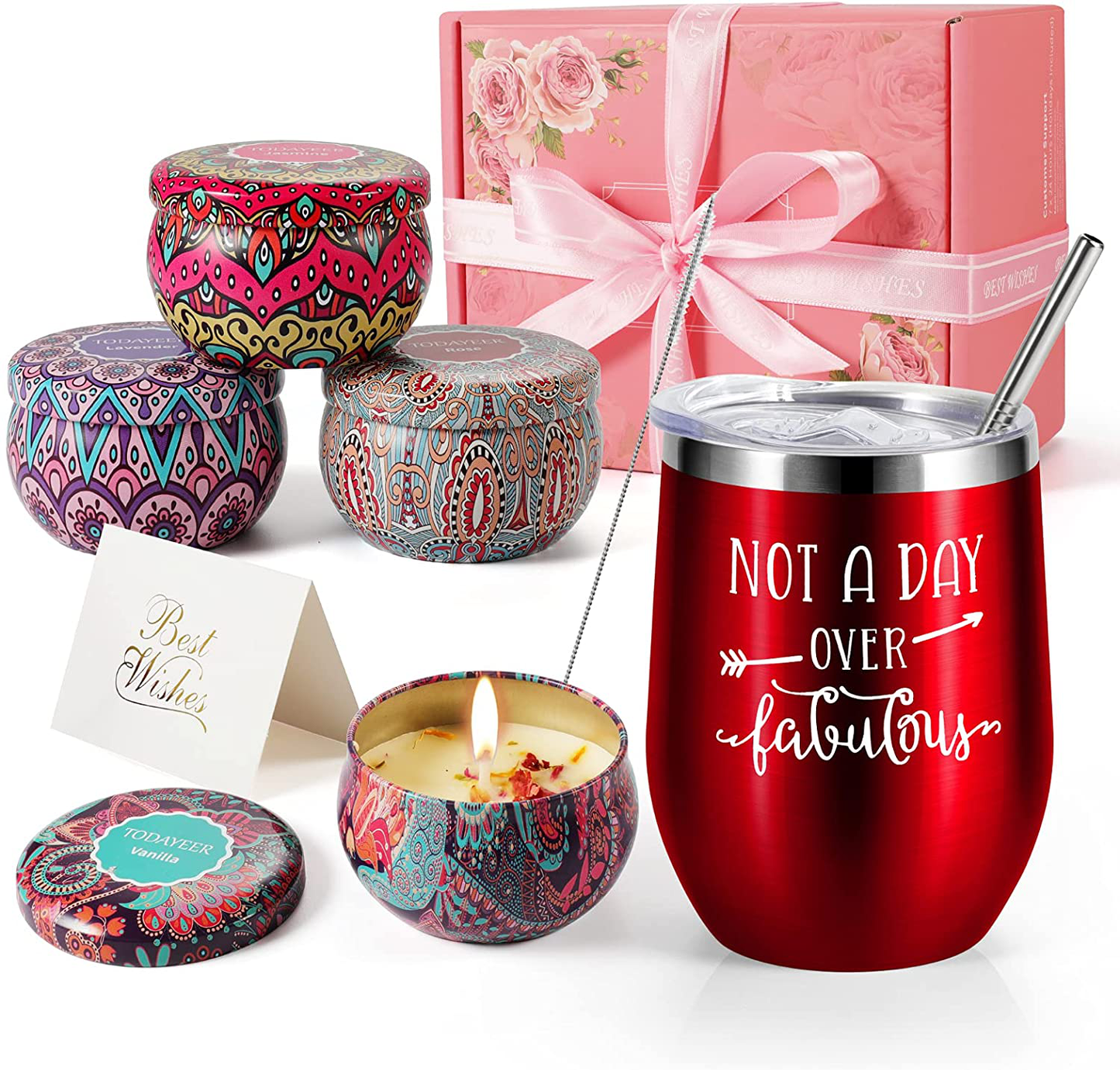 Birthday Gifts for Women - Insulated Wine Tumbler Rose Gold and Candles 4 Pack Gift Bath Set Gifts for Women - Stainless Steel Wine Tumbler with Lid - Best Relaxing Spa Gift Box Basket Present Arts & Entertainment > Party & Celebration > Gift Giving TODAYEER Red