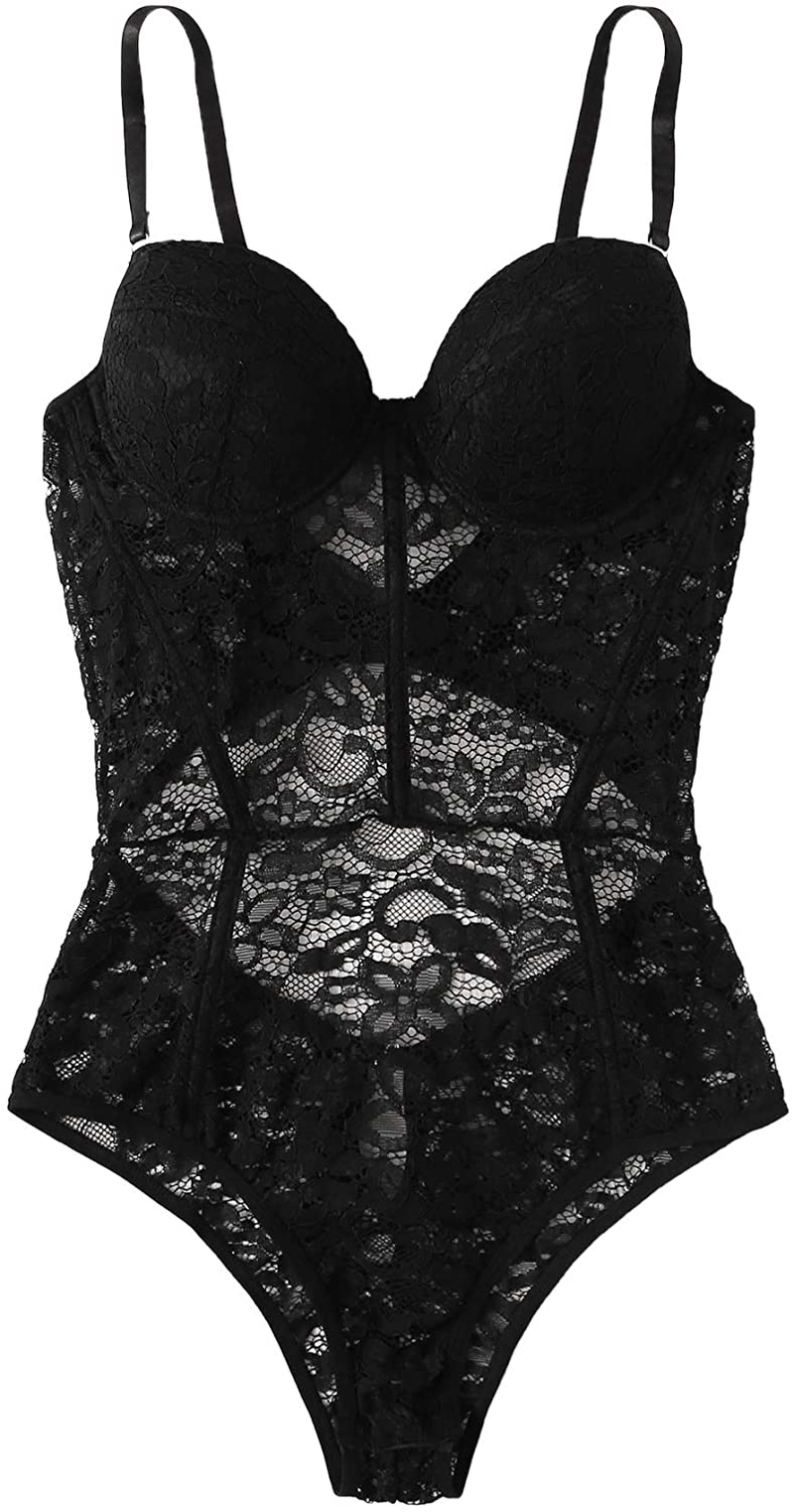 Verdusa Women's Backless Floral Lace Sheer Underwire One Piece Teddy Bodysuit Apparel & Accessories > Clothing > Underwear & Socks > Lingerie Verdusa Black Medium