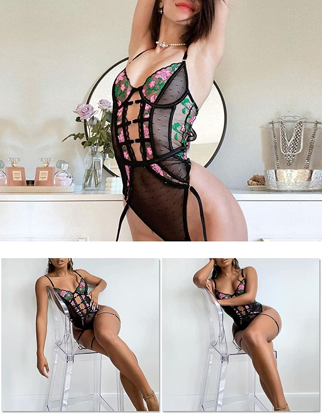 Teddy Lingerie for Women,Embroidered Sexy Floral Lace Bodysuit,Snap Crotch One Piece Body Suit Apparel & Accessories > Clothing > Underwear & Socks > Lingerie Kaei&Shi