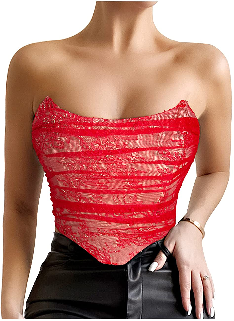 Junova Women'S Sexy Strapless Floral Lace Bustier Open Back Boned Corset Crop Top Apparel & Accessories > Clothing > Underwear & Socks > Lingerie Junova Red Medium