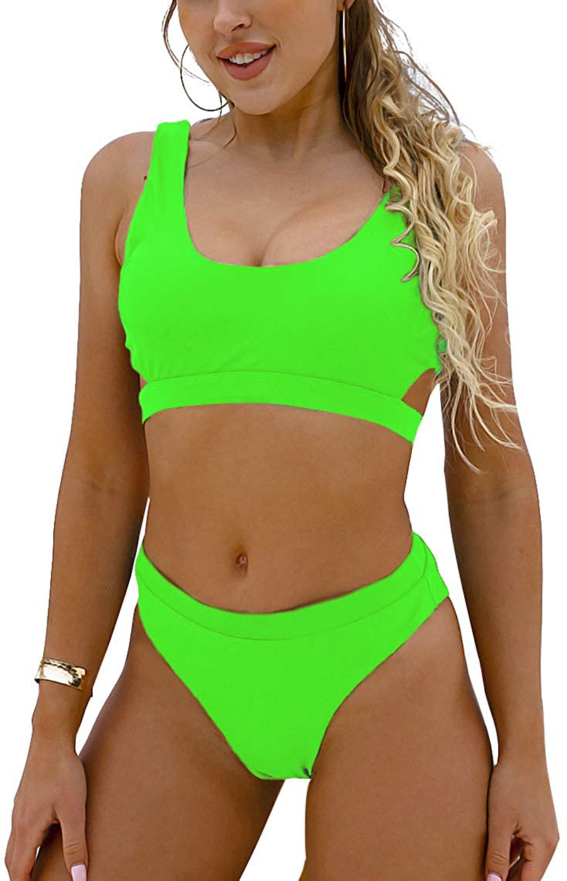 Blooming Jelly Women's High Waisted Swimsuit Crop Top Cut Out Two Piece Cheeky High Rise Bathing Suit Bikini Apparel & Accessories > Clothing > Swimwear Blooming Jelly Fluorescent Green X-Large