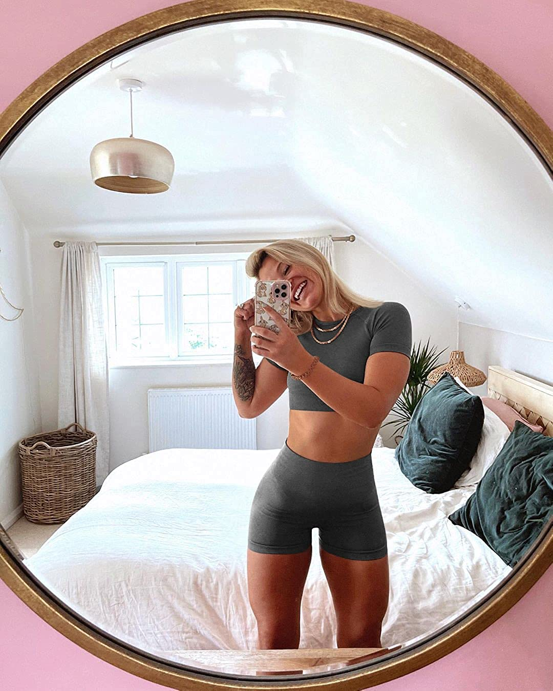 OYS Women'S Yoga 2 Piece Outfits Workout Running Crop Top Seamless High Waist Sports Shorts Sets Apparel & Accessories > Clothing > Underwear & Socks > Lingerie OYS
