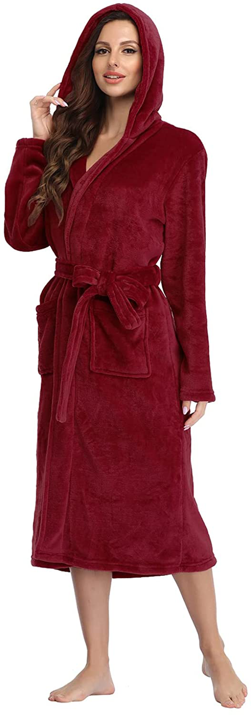 RONGTAI Womens Long Robes Plush Fleece Nightgown Thick plus Size Hooded Bathrobe with Pockets Fluffy Sleepwear for Men Apparel & Accessories > Clothing > Sleepwear & Loungewear > Robes RONGTAI Burgundy Medium