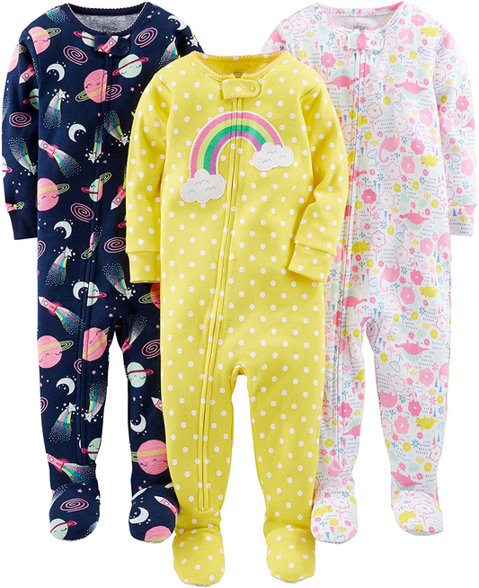 Simple Joys by Carter'S Toddler and Baby Girls' Snug Fit Footed Cotton Pajamas, Pack of 3 Apparel & Accessories > Clothing > Sleepwear & Loungewear > Pajamas Kylie Max