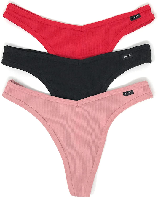 Victoria's Secret PINK Thong Panty Set of 3 Apparel & Accessories > Clothing > Underwear & Socks > Underwear Victoria's Secret Rib Red / Black / Damsel Pink Small