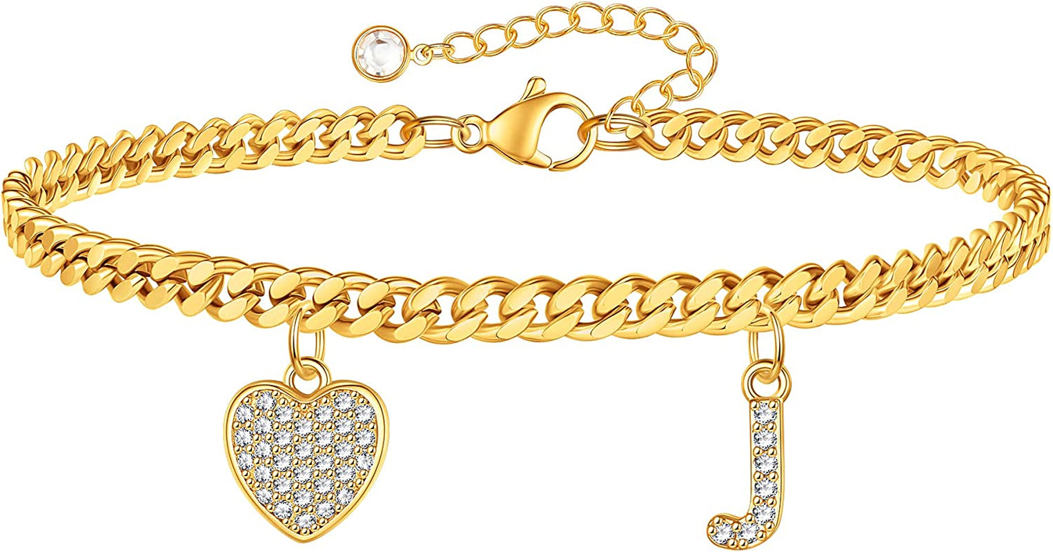 Gold Heart Ankle Bracelets for Women 14K Gold Plated Initial Charm Gold Anklets for Women Cuban Link Chain Heart Anklet Bracelets for Women Apparel & Accessories > Jewelry > Anklets BRIJEWLIC J