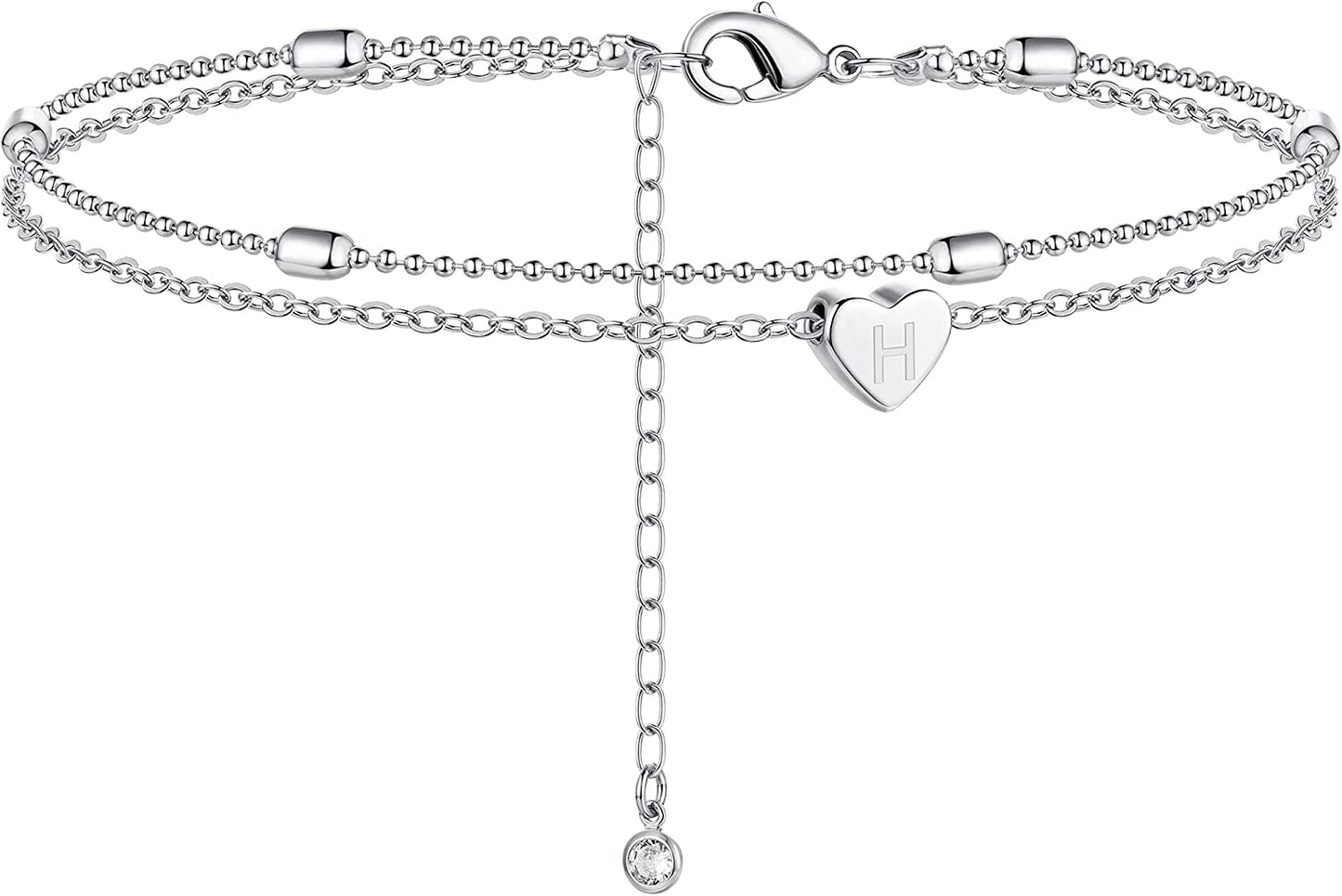 Moodear Silver Ankle Bracelets for Women, Sterling Silver Initial Anklet Layered Dainty Tiny Heart Charm Handmade Carved Alphabet A-Z Letter Ankle Bracelet Beaded Foot Chain Personalized Name Anklets Summer Cute Boho Beach Gift for Her Apparel & Accessories > Jewelry > Anklets Moodear Sterling Silver-H