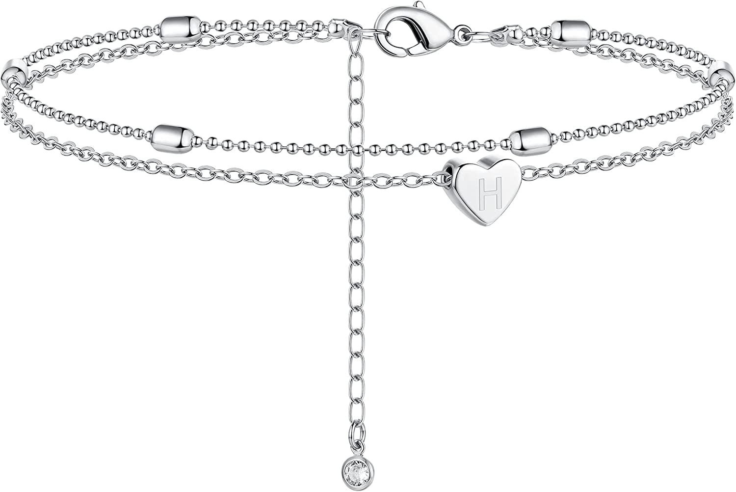 Moodear Silver Ankle Bracelets for Women, Sterling Silver Initial Anklet Layered Dainty Tiny Heart Charm Handmade Carved Alphabet A-Z Letter Ankle Bracelet Beaded Foot Chain Personalized Name Anklets Summer Cute Boho Beach Gift for Her Apparel & Accessories > Jewelry > Anklets Moodear Sterling Silver-H