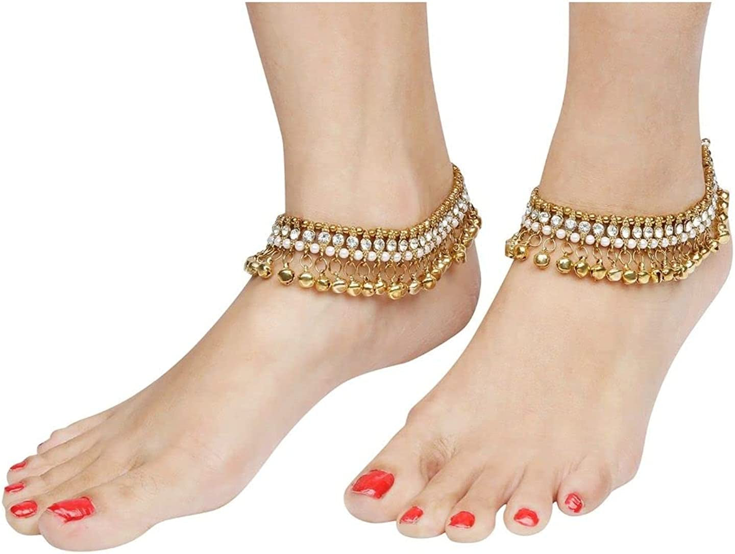 Efulgenz Indian Bollywood Faux Kundan Pearl Wedding Bridal Anklet Pair with Bells (2 Piece) Bracelet Payal Foot Jewelry Apparel & Accessories > Jewelry > Anklets Jaipur Art Jewellery
