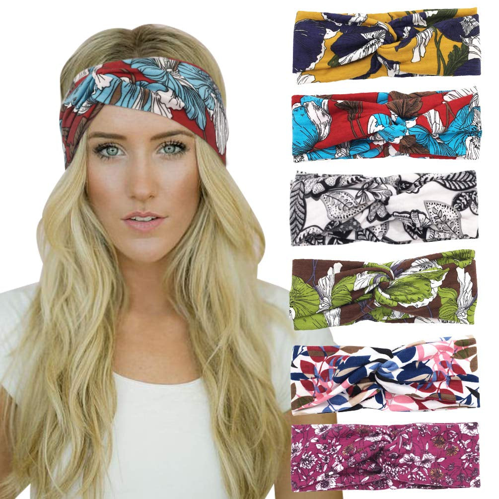 DRESHOW Twist Bow Wire Headbands Vintage Head Wrap Rabbit Ear Wired Hairbands Hair Holder Hair Accessory for Women and Girls 6 Pack Apparel & Accessories > Clothing Accessories > Bandanas & Headties DRESHOW 6 Pack Boho Flower Printed