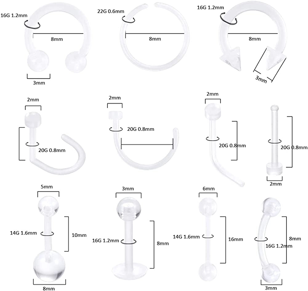 Oveta Clear Piercing Retainers Flexible Bioflex 14G 16G 20G Navel Belly Button Ring Lip Labret Piercings Retainer Eyebrow Tongue Barbells Cartilage Tragus Earrings Retainer 36-90PCS Apparel & Accessories > Jewelry > Body Jewelry Oveta