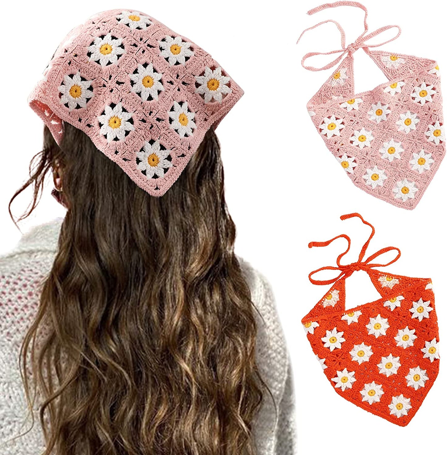 Floral Crochet Hair Bandanas Headscarf- HAIMEIKANG 2 PCS Women Hair Scarf Daisy Headband Vintage Head Kerchief for Girls Apparel & Accessories > Clothing Accessories > Bandanas & Headties HAIMEIKANG Pink+orange