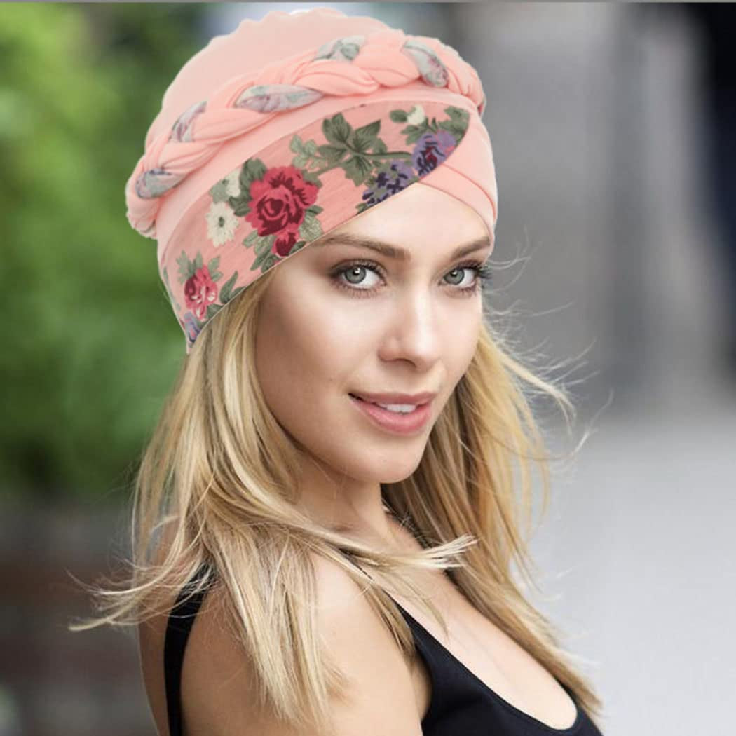 Woeoe African Turban Head Wraps Pink Pattern Braid Head Scarf Flower Print Pre-Tied Head Cover Cap Headwear for Women and Girls(Pack of 2) Apparel & Accessories > Clothing Accessories > Headwear Woeoe