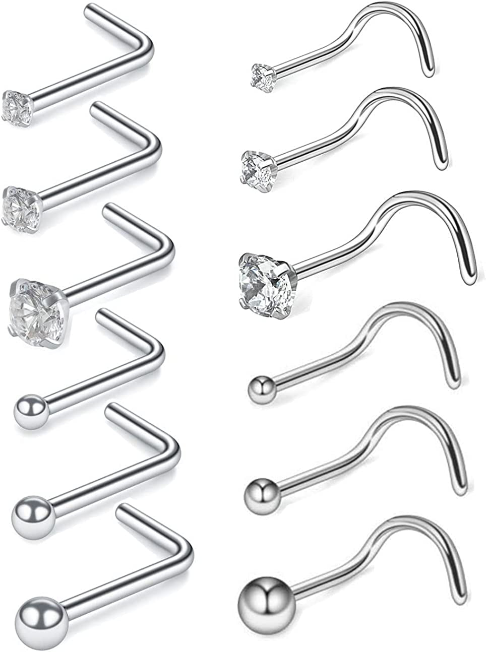 Nose Rings and Studs Set 20G Men Women,L Shape Nose Ring Studs and Screw Nostril Body Piercing Jewelry Set Hypoallergenic Surgical Steel(12Pcs,Size 1.5,2,3Mm) Apparel & Accessories > Jewelry > Body Jewelry Renkovte Silver_12PCS 20G-7mm L shape&Screw Shape 1.5mm 2.0mm 3.0mm Ball&CZ Top