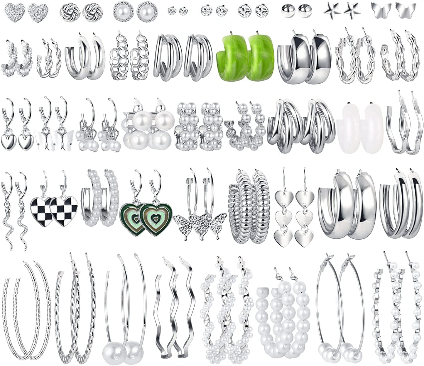 44 Pairs Gold Hoop Earrings Set for Women Multipack, Fashion Dangle Heart Statement Pearl Earrings Pack, Hypoallergenic Chunky Hoops Jewelry for Birthday Party Gift B-44 pairs silver