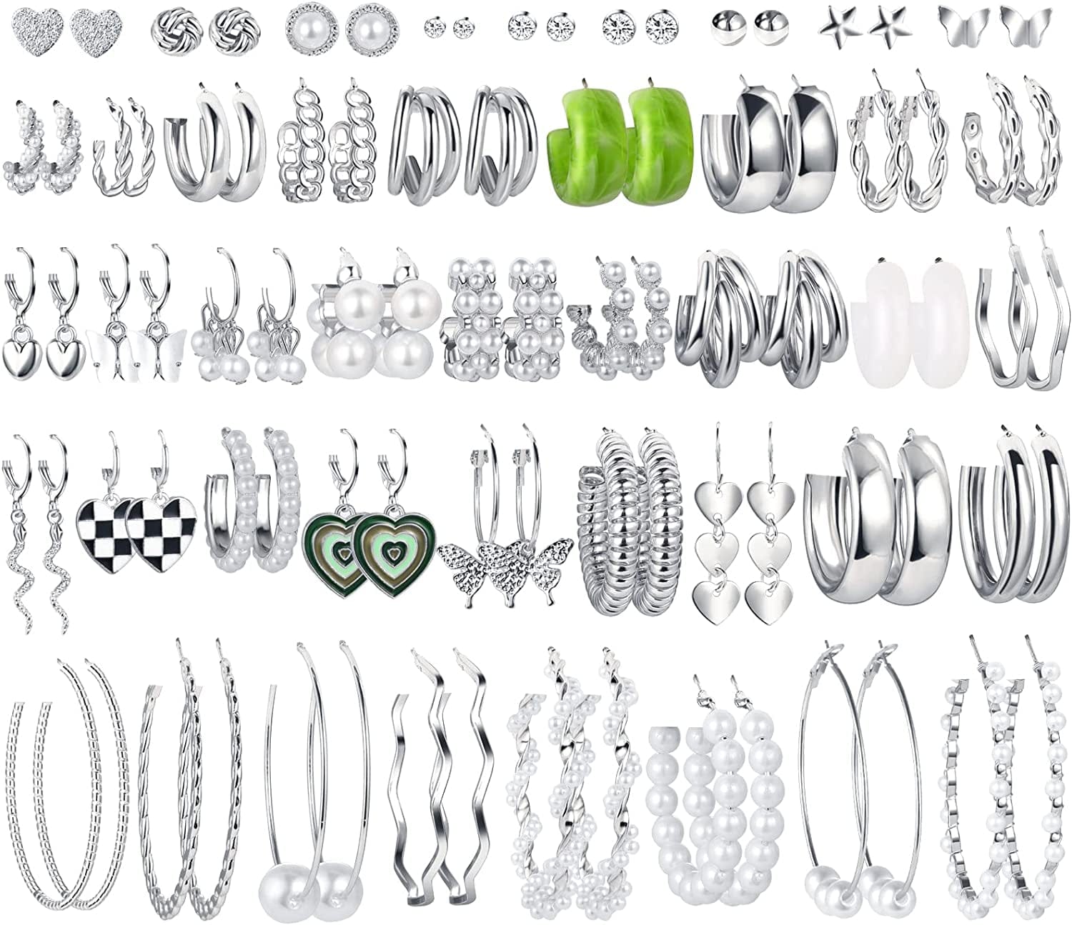 44 Pairs Gold Hoop Earrings Set for Women Multipack, Fashion Dangle Heart Statement Pearl Earrings Pack, Hypoallergenic Chunky Hoops Jewelry for Birthday Party Gift B-44 pairs silver