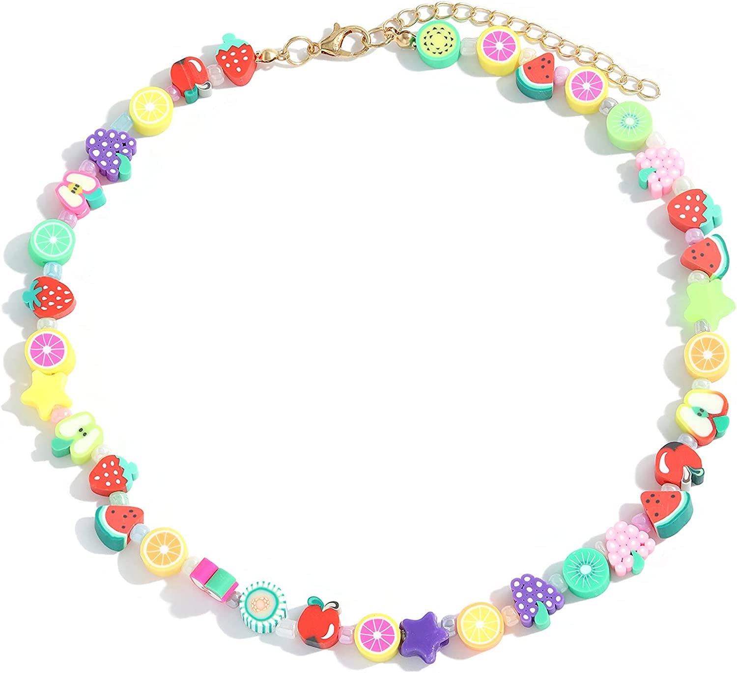 Boho Smiley Layered Beaded Necklaces with Strand Bracelet, Smile Face Star Fruits Flowers Heart Shape Beads Pearl Stackable Collar Necklace Anklet for Women Girls Vsco Summer Beach Trip Apparel & Accessories > Jewelry > Anklets Bincon C fruits