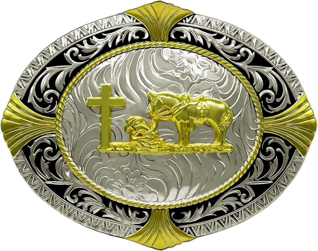 Moranse Religion Cross Cowboy Kneeling Prayer and Horse Design Belt Buckles Apparel & Accessories > Clothing Accessories > Belt Buckles Moranse Pattern Goldren 3