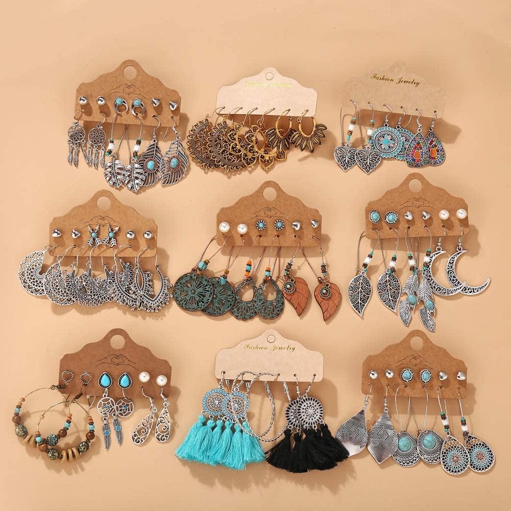 45 Pairs Fashion Hollow Drop Dangle Earrings Set for Women Girls Bohemian National Style Eardrop with Bronze Waterdrop Leaf Feather Shaped Vintage Jewelry for Gifts Apparel & Accessories > Jewelry > Earrings 17 MILE