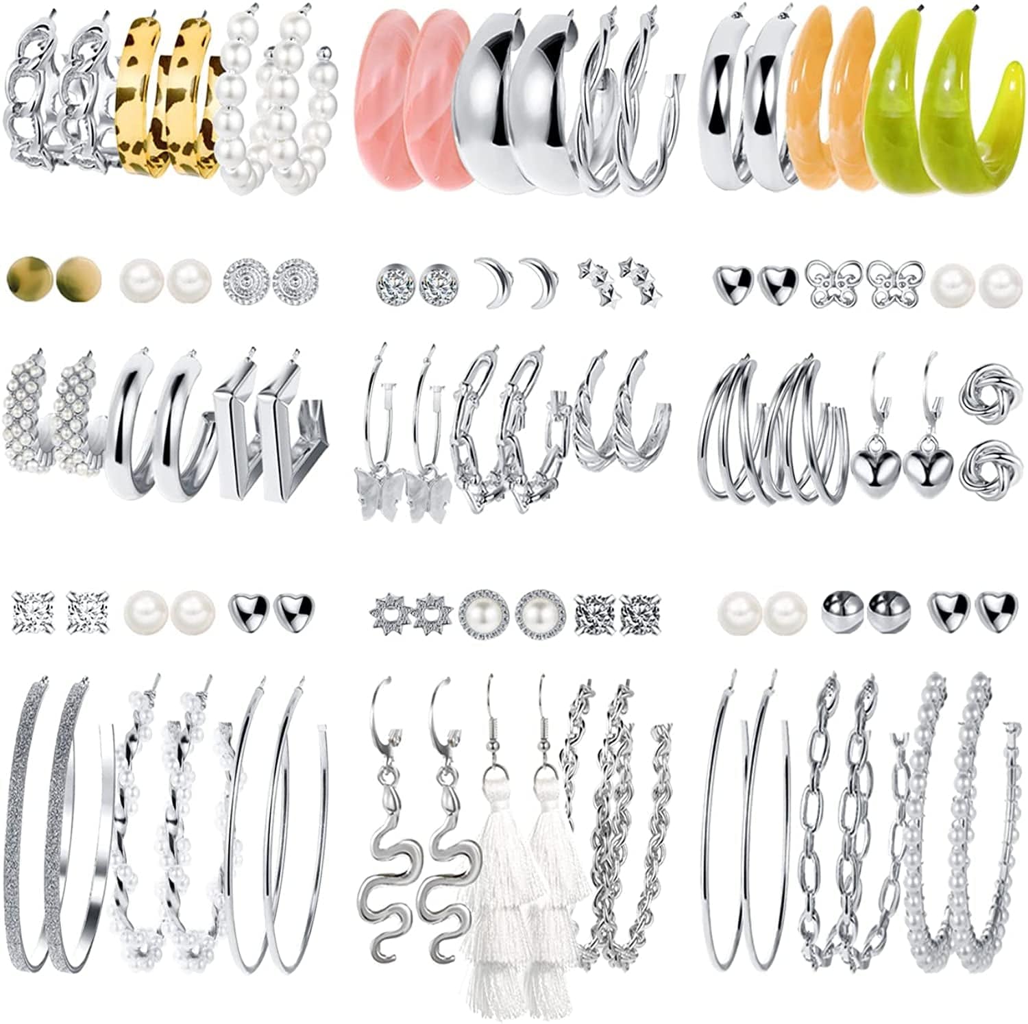 45 Pairs Gold Hoop Earrings for Girls Women, Chunky Twisted Small Big Hoops Earring Packs Set, Earrings for Women Multipack, Fashion Trendy Earrings Jewelry for Birthday Party Christmas Gift 0-Silver Color