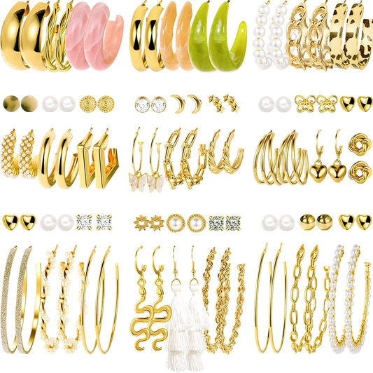 45 Pairs Gold Hoop Earrings for Girls Women, Chunky Twisted Small Big Hoops Earring Packs Set, Earrings for Women Multipack, Fashion Trendy Earrings Jewelry for Birthday Party Christmas Gift 0-Gold Color