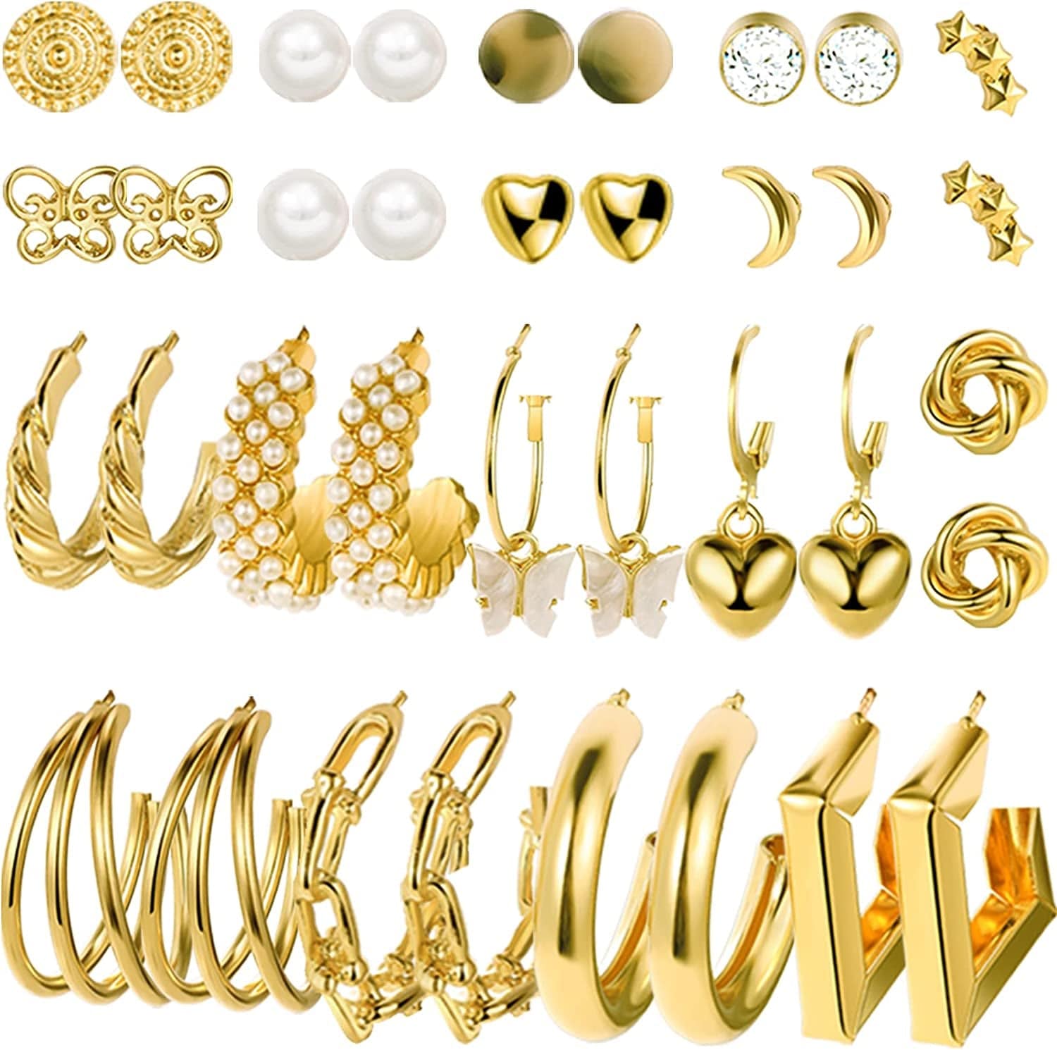 45 Pairs Gold Hoop Earrings for Girls Women, Chunky Twisted Small Big Hoops Earring Packs Set, Earrings for Women Multipack, Fashion Trendy Earrings Jewelry for Birthday Party Christmas Gift 4-Gold Color