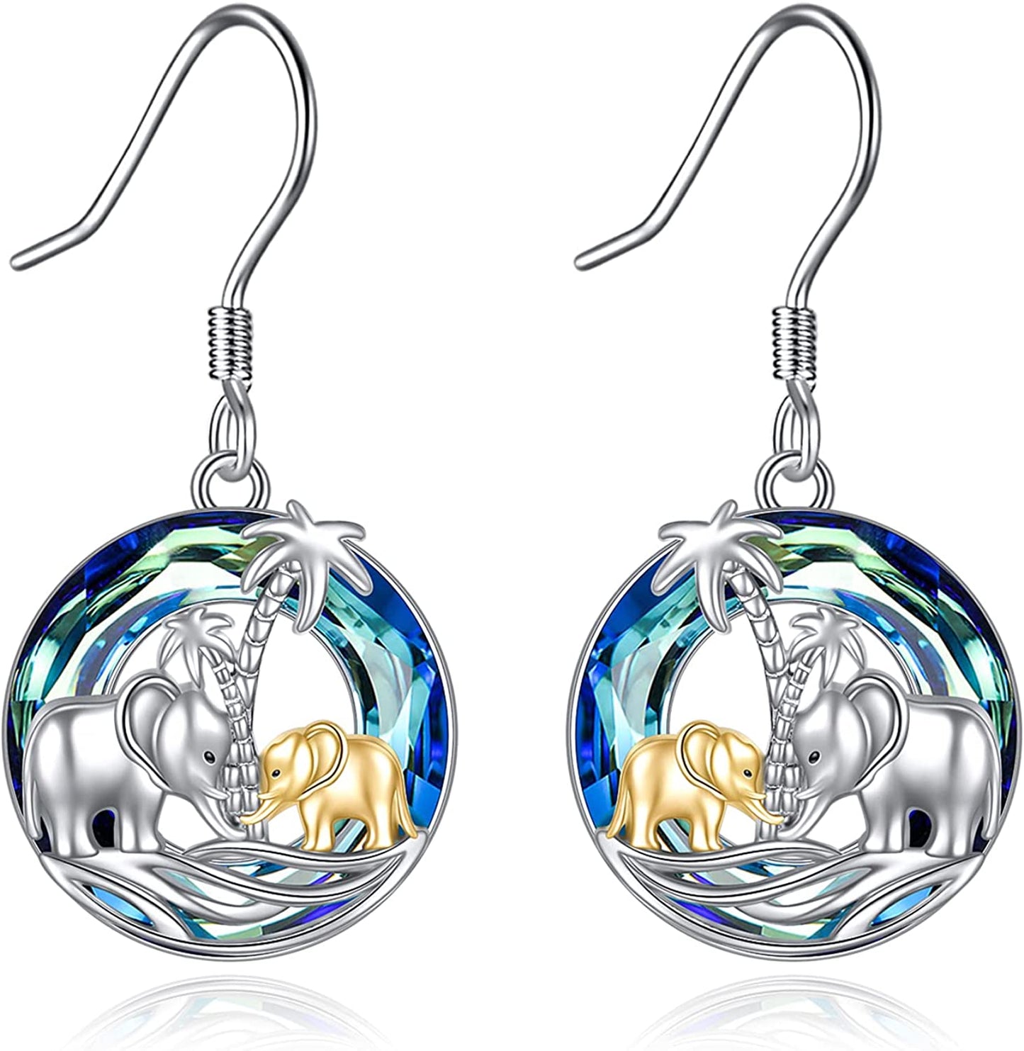 POPKIMI Christmas Gifts Dangle Earrings Frog/Wolf/Dragonfly/Dog Cat Pet Paw Print/Hummingbird /Sea Turtle/Sloth Dangle Drop Hook Earrings Opal Crystal Sterling Silver Cute Animal Dangle Earrings Animal Jewelry Birthday Christmas Gift Apparel & Accessories > Jewelry > Earrings POPKIMI Elephant Mother and Child with Blue Circle Crystal