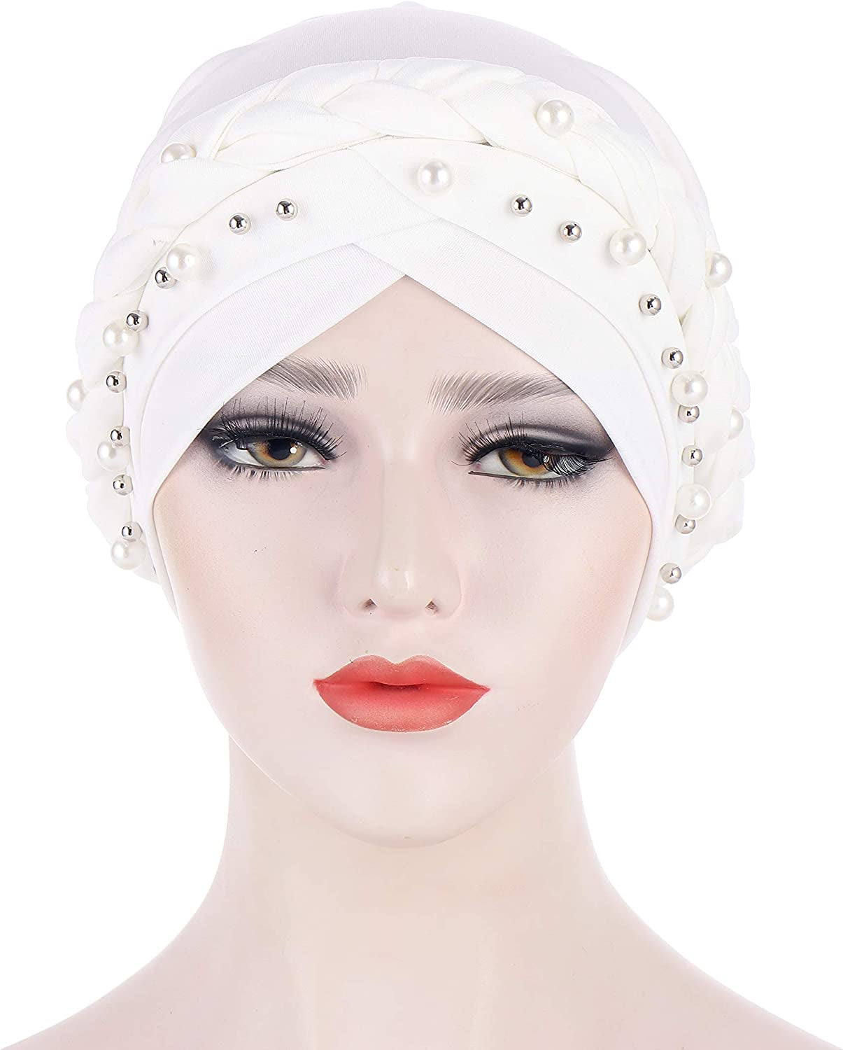 Fxhixiy Women Hijab Beading Pearl Braid Turban Hat Head Scarf Cancer Chemo Beanies Bandana Headwrap Cap Apparel & Accessories > Clothing Accessories > Headwear Fxhixiy